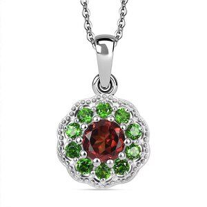 Mozambique Garnet & Chrome Diopside 1.75 ctw Vintage Blossom Pendant Necklace